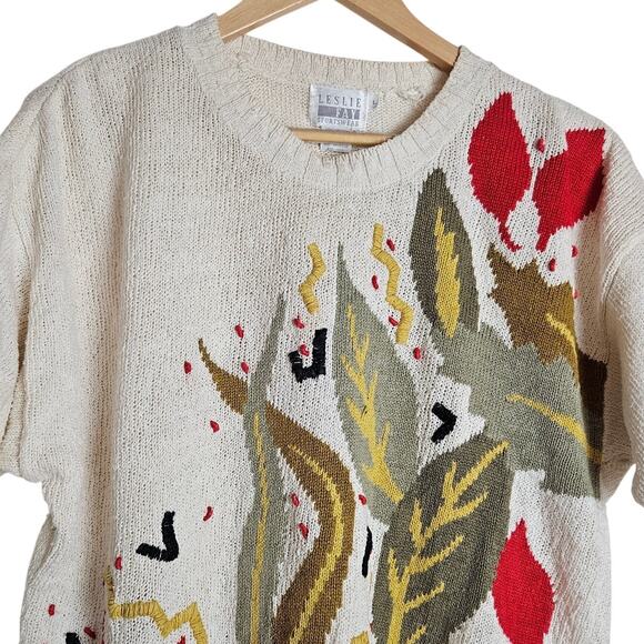 Vintage Leslie Fay Women's Short Sleeve Knit Botanical Leaf Print Sweater Size L - Picture 2 of 11
